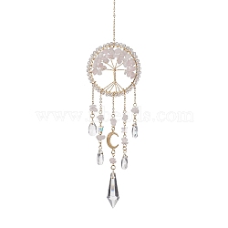 Natural Rose Quartz Copper Wire Wrapped Tree of Life Hanging Ornaments, Cone/Teardrop Glass Tassel Suncatchers for Home Outdoor Decoration, Golden, 314mm(HJEW-TA00110)