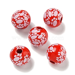 Printed Wood European Beads, Round with Paw Print Pattern, Red, 15.5~16mm, Hole: 4~4.5mm(WOOD-G022-09H)