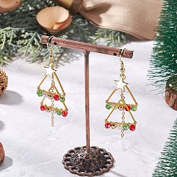 Brass Shell Pearl Bead Dangle Earrings, with Electroplate Glass Beads & 304 Stainless Steel, Christmas Trees, Golden, 68x20.5mm(EJEW-TA00670)