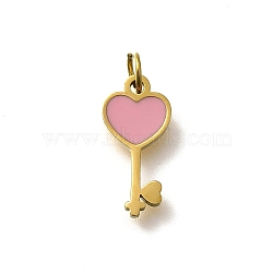 304 Stainless Steel Enamel Charms, with Jump Ring, Heart Key Charm, Real 18K Gold Plated, Ion Plating(IP), Pink, 13.5x6.5x1.5mm, Hole: 2.5mm(STAS-R153-05G-03)