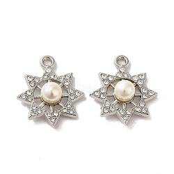 Alloy with Rhinestone Pendants, with ABS Imitation Pearl, Sun Charms, Platinum, 22.5x19x7mm, Hole: 1.8mm(FIND-B032-22P)