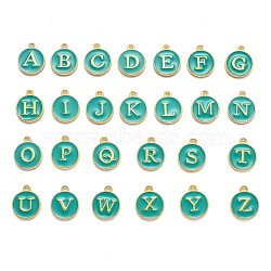 Initial Letter A~Z Alphabet Enamel Charms, Flat Round Disc Double Sided Charms, Green, 14x12x2mm, Hole: 1.5mm, 26pcs/set(ENAM-X0018-15)