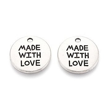 Tibetan Style Alloy Pendants, Flat Round with Word Made With Love, Cadmium Free & Lead Free, Antique Silver, 19.5x2mm, Hole: 2mm, about 420pcs/1000g