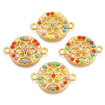 Alloy Links, with Resin, Flat Round with Flower, Golden, 16.5x23x2.5mm, Hole: 1.8mm