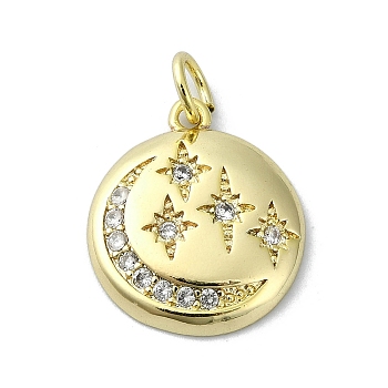 Moon Theme Brass Micro Pave Clear Cubic Zirconia Pendants, with Jump Ring, Real 18K Gold Plated, Round, 17.5x14.5x2.5mm, Hole: 3mm