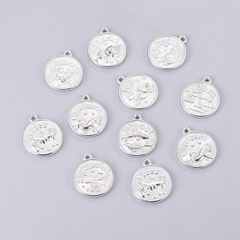 Tibetan Style Alloy Pendants, Cadmium Free & Lead Free, Flat Round with Mixed Constellation/Zodiac Sign, Platinum, 20x17x2mm, Hole: 2mm, about 175pcs/500g