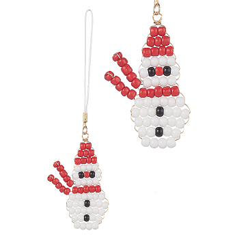 Christmas Glass Seed Beaded Pendant Decorations, Braided Nylon Thread Hanging Ornaments, Snowman, 125mm
