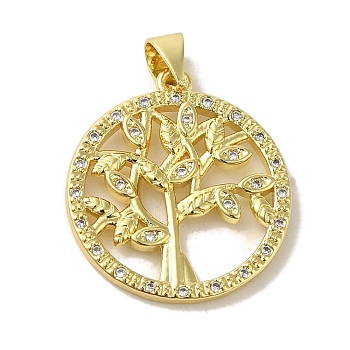 Brass Micro Pave Cubic Zirconia Pendants, Real 18K Gold Plated, Round with Tree of Life, Real 18K Gold Plated, 23x20.5x2.5mm, Hole: 5x3.5mm