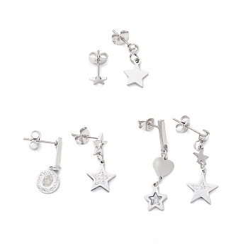 3 Pair 3 Style Rhinestones Star & Heart Asymmetrical Earrings, 304 Stainless Steel Dangle Stud Earrings for Women, Stainless Steel Color, 5.5~32mm, Pin: 1mm, 1 Pair/style