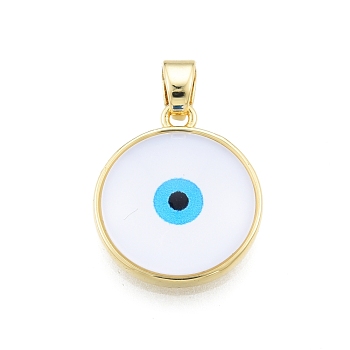 Glass Pendants, with Golden Plated Brass Findings, Flat Round with Evil Eye, White, 19x16.5x5mm, Hole: 5x3.5mm