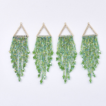 Tassel Big Pendants, with Glass Beads, Crystal Rhinestone and Golden Plated Brass Findings, Green, 95~107x23.5mm, Hole: 1.2mm