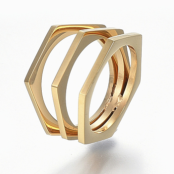 304 Stainless Steel Wide Band Finger Rings, Hexagon, Size 8, Golden, 18mm