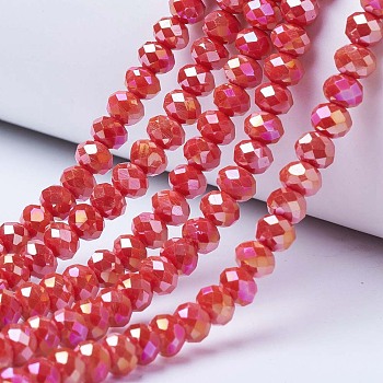 Electroplate Glass Beads Strands, Opaque Solid Color, AB Color Plated, Faceted, Rondelle, Red, 4x3mm, Hole: 0.4mm, about 113~115pcs/strand, 41~41.5cm