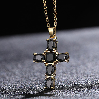 Cross Brass Pendant Necklaces with Rhinestone, Jet, 15.75 inch(40cm)