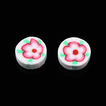 Handmade Polymer Clay Beads, Flat Round with Flower, Creamy White, 9~10x4~4.5mm, Hole: 1.2~1.8mm