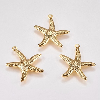 304 Stainless Steel Pendants, Starfish/Sea Stars, Real 18k Gold Plated, 22x20.5x2.5mm, Hole: 0.8mm
