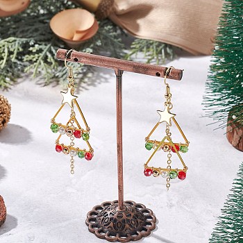 Brass Shell Pearl Bead Dangle Earrings, with Electroplate Glass Beads & 304 Stainless Steel, Christmas Trees, Golden, 68x20.5mm