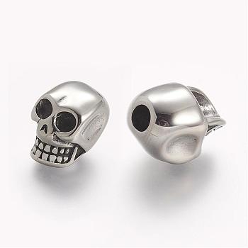 304 Stainless Steel Beads, Skull, Large Hole Beads, Antique Silver, 18x11.5x13mm, Hole: 4mm