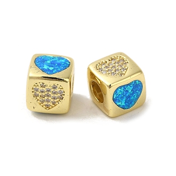 Rack Plating Brass Micro Pave Cubic Zirconia Beads, with Synthetic Opal, Cadmium Free & Lead Free, Long-Lasting Plated, Real 18K Gold Plated, Square, Large Hole Beads, European, Heart, 10x9.5x10mm, Hole: 5mm