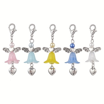 Angel Acrylic & Alloy Pendant Decoration, with Alloy Lobster Claw Clasps, Mixed Color, 57mm, 5pcs/set