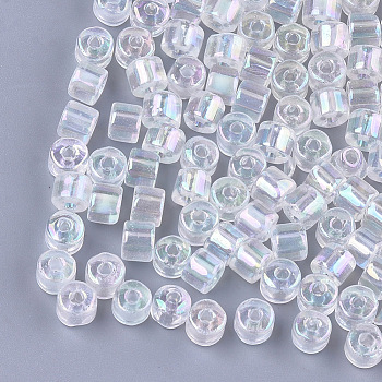 Glass Bugle Beads, Transparent Colours Rainbow, Round Hole, Clear AB, 7~7.5x6~6.5mm, Hole: 2.5mm, about 800pcs/bag