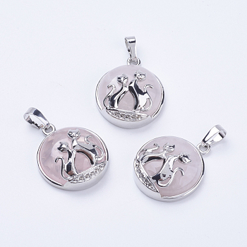 Natural Rose Quartz Pendants, with Brass Findings, Flat Round with Fox, Platinum, 28~29x23~24x9~10mm, Hole: 5x7mm