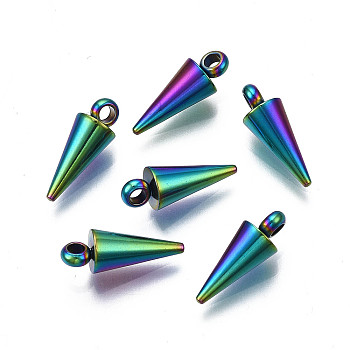 304 Stainless Steel Pendants, Spike/Cone Charm, Rainbow Color, 18x5mm, Hole: 2mm