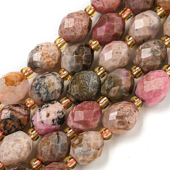 Natural Rhodonite Beads Strands, Faceted, Oval, with Seed Beads, 8~9x6~8mm, Hole: 1~1.2mm, about 17~19pcs/strand, 7.09~7.87 inch(18~20cm)