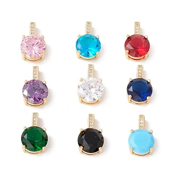 Brass Cubic Zirconia Pendants, Real 18K Gold Plated Findings, Lead Free & Cadmium Free, Flat Round, Mixed Color, 16x10x6mm, Hole: 6x1mm