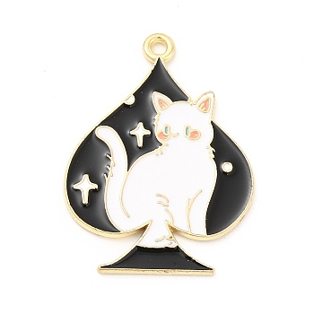 Alloy Enamel Pendants, Light Gold, with Cat Pattern Charm, Black, 33.5x25x1.5mm, Hole: 1.8mm