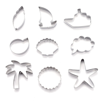Stainless Steel Mixed Beach Series Shaped Cookie Candy Food Cutters Molds, for DIY Biscuit Baking Tool, Stainless Steel Color, 80x75x20.5mm, 9pcs/Set