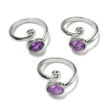 Natural Amethyst Adjustable Rings, with Platinum Brass Findings, Long-Lasting Plated, Jewely for Women, Oval, Adjustable