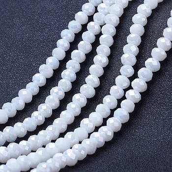 Electroplate Glass Beads Strands, Opaque Solid Color, AB Color Plated, Faceted, Rondelle, White, 3.5x3mm, Hole: 0.4mm, about 113~115pcs/strand, 32~33cm