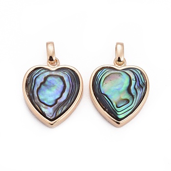 Natural Abalone Shell/Paua ShellCharms, with Brass Findings, Heart, Golden, 13x11x4.5mm, Hole: 2x3mm