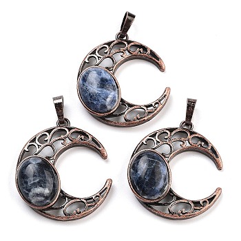 Natural Sodalite Pendants, with Red Copper Plated Brass Findings, Moon, 34x30x9~9.5mm, Hole: 5x8mm