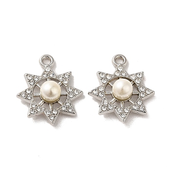Alloy with Rhinestone Pendants, with ABS Imitation Pearl, Sun Charms, Platinum, 22.5x19x7mm, Hole: 1.8mm