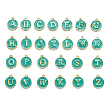 Initial Letter A~Z Alphabet Enamel Charms, Flat Round Disc Double Sided Charms, Green, 14x12x2mm, Hole: 1.5mm, 26pcs/set