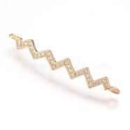 Brass Micro Pave Cubic Zirconia Links, Real 18K Gold Plated, Wave, 5x35x2mm, Hole: 1mm(ZIRC-E124-49G)