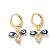 Evil Eye Real 18K Gold Plated Brass Dangle Leverback Earrings, with Enamel and Cubic Zirconia, Bowknot, 25x15mm(EJEW-Q797-01A-G)