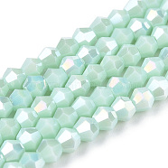 Opaque Solid Color Electroplate Glass Beads Strands, AB Color Plated, Faceted, Bicone, Light Cyan, 2.9~3.3x2.5mm, Hole: 0.7mm, about 145~150pcs/strand, 16.34~16.54 inch(41.5~42cm)(EGLA-A039-P2mm-B20)