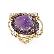 Oval Natural Amethyst & Rhinestone Finger Rings, Plastic Imitation Pearl Beads and Brass Adjustable Finger Rings, Inner Diameter: 17mm(RJEW-P128-03G-A)