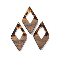 Walnut Wood with Resin Pendants, Rhombus, Orange, 47.5x25.5x3.5mm, Hole: 2mm(FIND-Z050-01A)