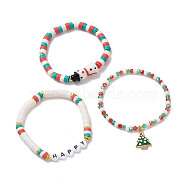 3Pcs 3 Styles Polymer Clay Heishi Surfer Stretch Bracelets Set, Christmas Tree Alloy Enamel Charms Stackable Bracelet with Snowman Beaded for Women, Mixed Color, Inner Diameter: 2-1/8~2-1/4 inch(5.3~5.8cm), 1Pc/style(BJEW-TA00262)