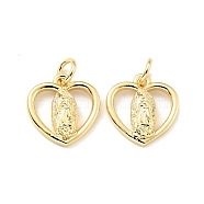 Eco-friendly Brass Pendants, with Jump Ring, Cadmium Free & Lead Free, Heart with Saint, Real 18K Gold Plated, 13x12.5x2.7mm, Hole: 3mm(KK-D080-29G)