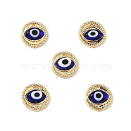 Handmade Lampwork Evil Eye Pendants, with Real 18K Gold Plated Brass Findings, Lead Free & Cadmium free, Flat Round Charm, Dark Blue, 14.5x4mm, Hole: 1mm(ZIRC-L102-15G-06)