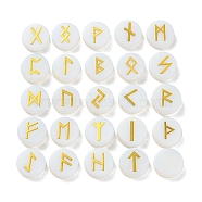 Brass Elder Futhark Alphabet Engraved Symbol Flat Round Opalite Rune Stones, for Chakras Balancing, Crystal Therapy, Meditation, Divination, 16.5~17.5x6~7mm, 25pcs/set(G-I373-01O)