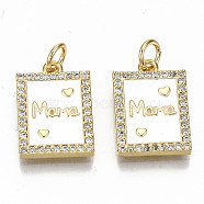 Real 16K Gold Plated Brass Micro Pave Clear Cubic Zirconia Pendants, with Jump Rings and Enamel, for Mother's Day, Nickel Free, Rectangle with Word Mama, White, 16.5x11.5x2mm, Jump Ring: 5x0.8mm, 3.4mm inner diameter(ZIRC-S067-194B-NF)