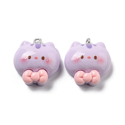 Opaque Resin Pendants, Cartoon Charms, Cat Shape with Bowknot, 22.5x21x8.5mm, Hole: 2mm(RESI-R444-05M)
