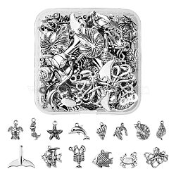 60Pcs 14 Style Tibetan Style Alloy Pendants, Starfish & Spiral Shell & Sea Turtle & Crab & Crocodile & Tropical Fish & Mermaid & Conch Shell & Octopus & Whelk & Whale Tail Shaped & Dolphin & Lobster, Antique Silver, 60pcs/box(TIBEP-FS0001-05AS)