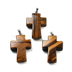 Natural Tiger Eye Pendants, Religion Cross Charms with Rack Plating Platinum Tone Brass Snap on Bails, 35x23x9mm, Hole: 7x4mm(G-A231-02C)